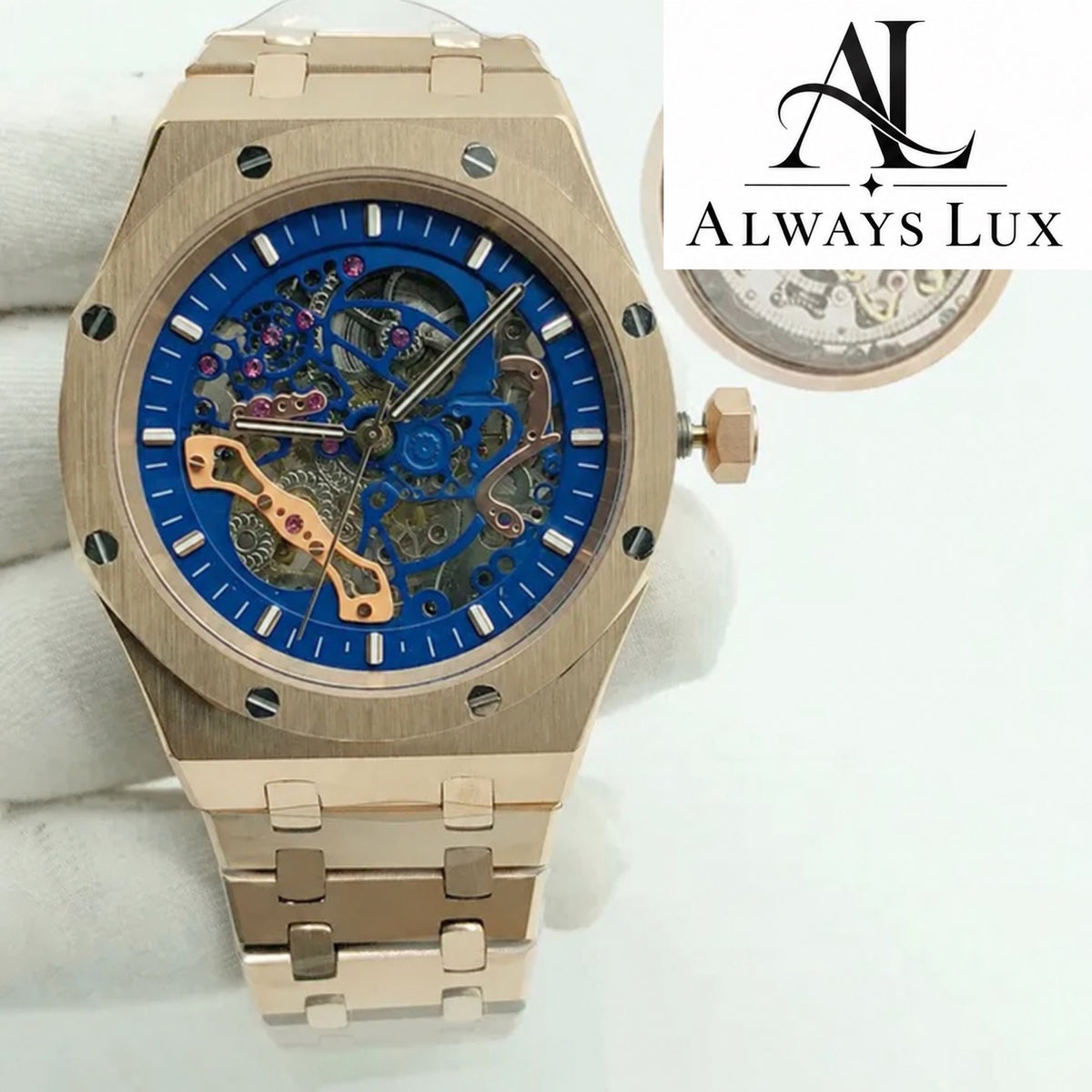 Aud3mar Pig Rose Gold Skeleton Blue Dial 41mm