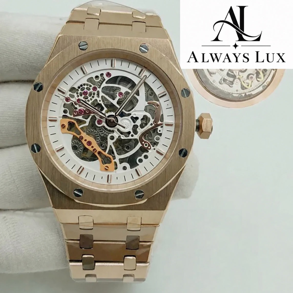 Aud3mar Pig Rose Gold Skeleton White Dial 41mm