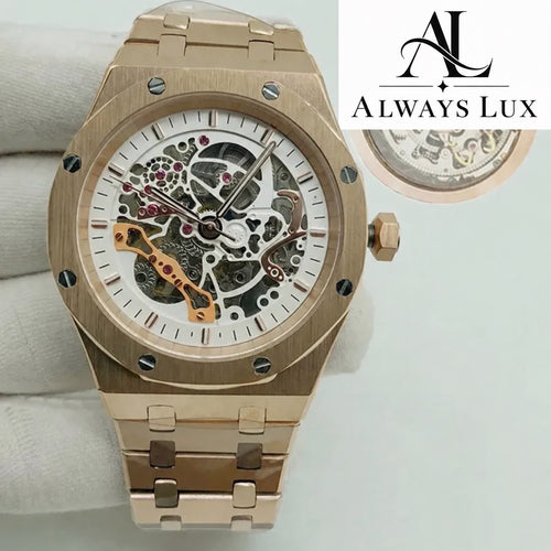 Aud3mar Pig Rose Gold Skeleton White Dial 41mm