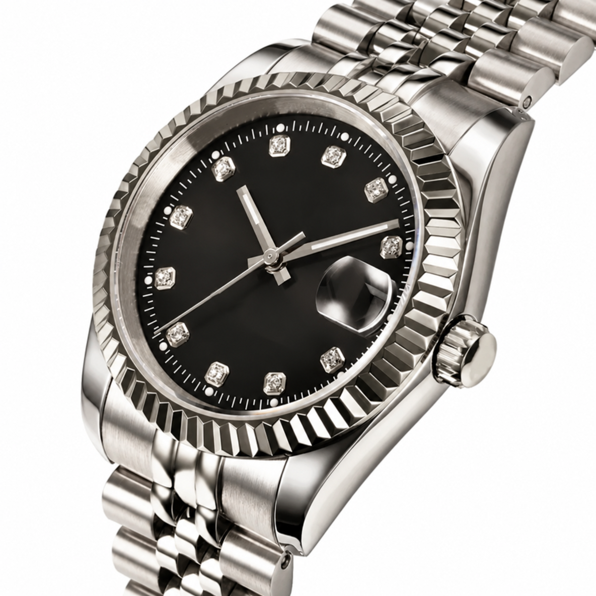 Rol3 DayJus silver black diamond-style dial watch
