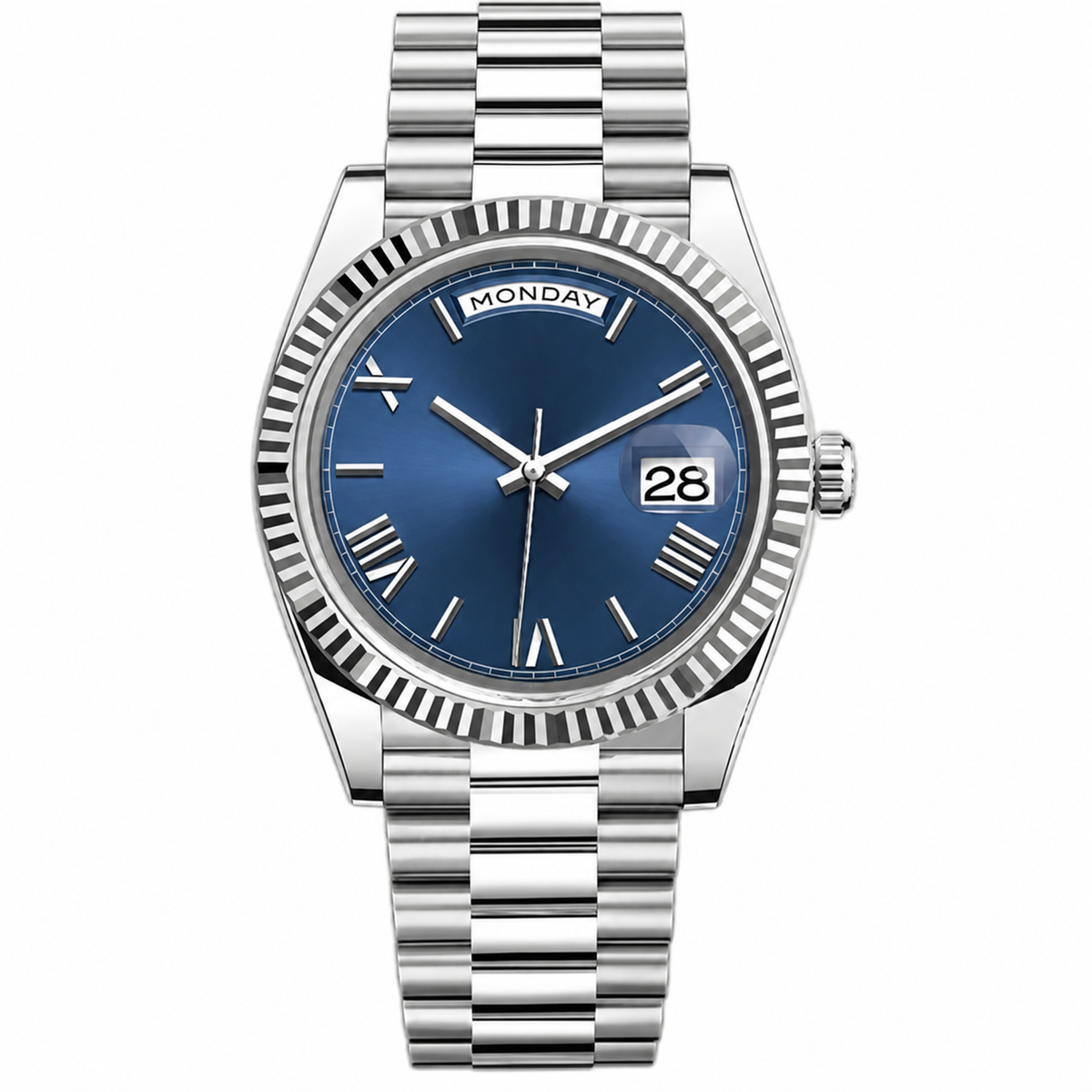 Rol3 DayJus silver blue Roman numeral day display watch