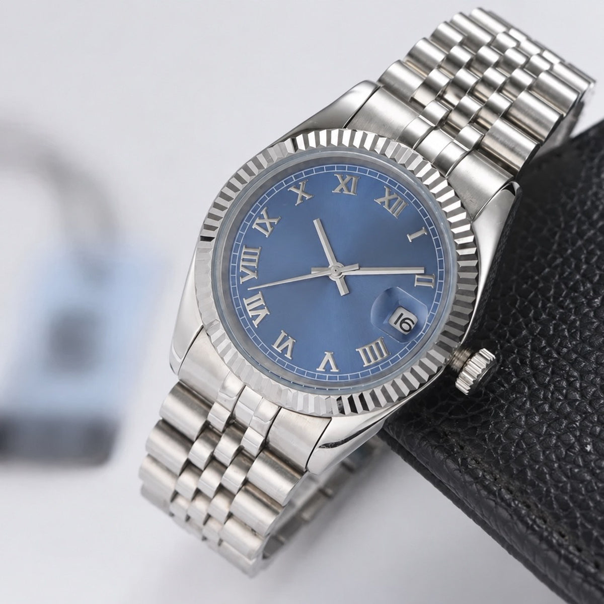 Rol3 DayJus silver-tone watch with blue Roman numeral dial