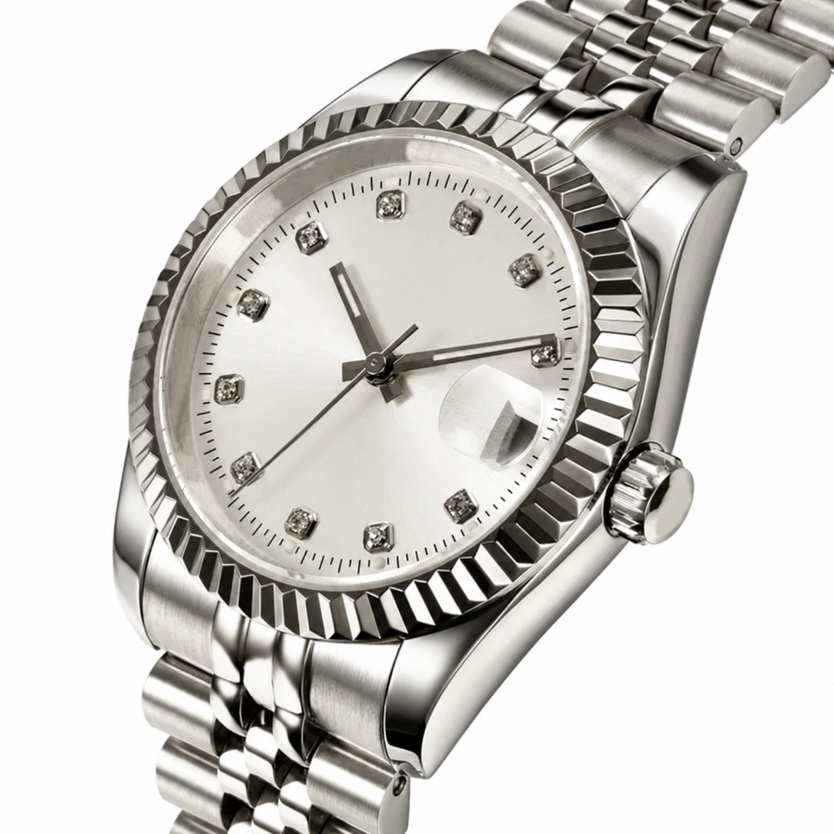 Rol3 DayJus silver white dial with diamond-style markers