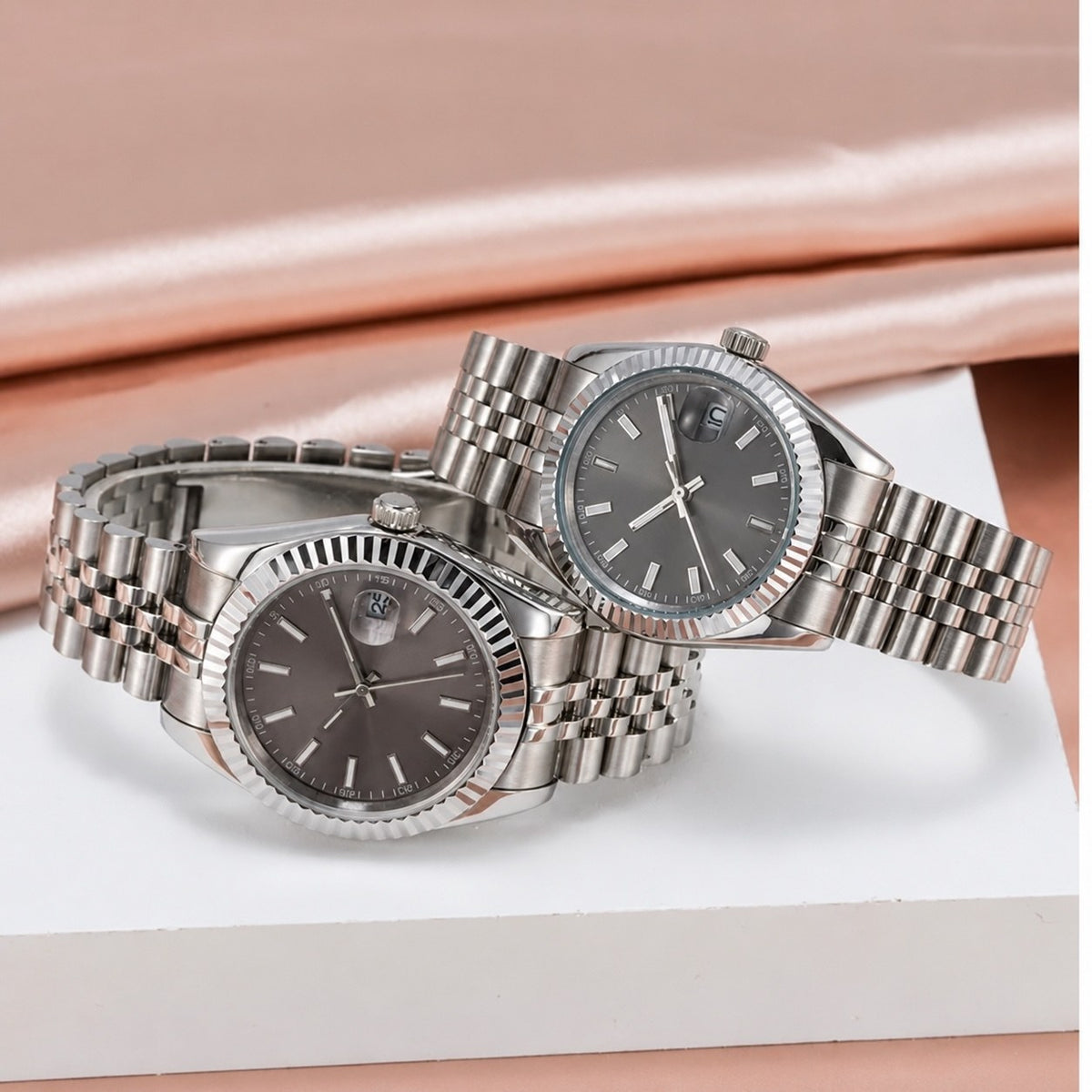 Rol3 DayJus silver-tone slate dial watch