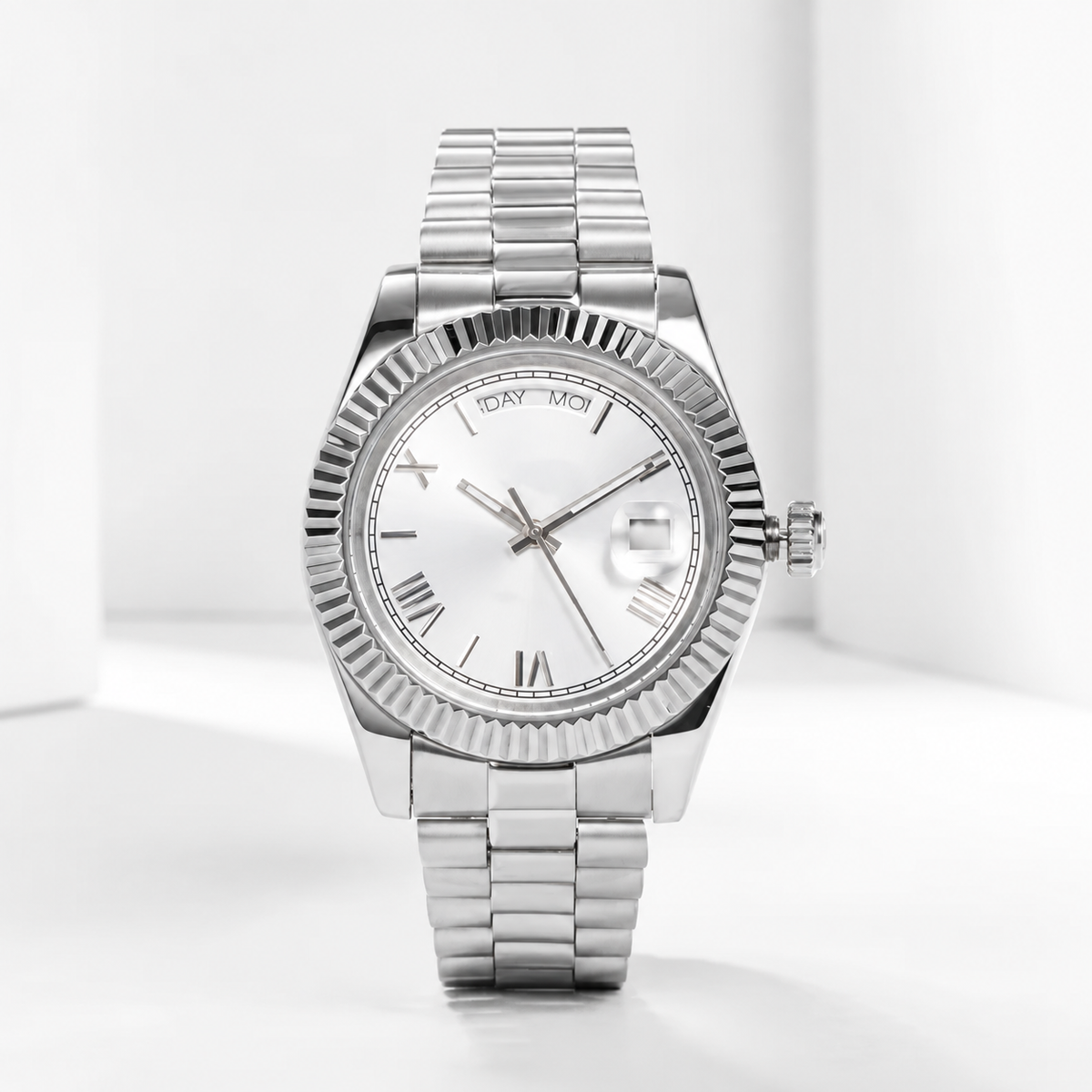 Rol3 DayJus silver white Roman numeral day display watch