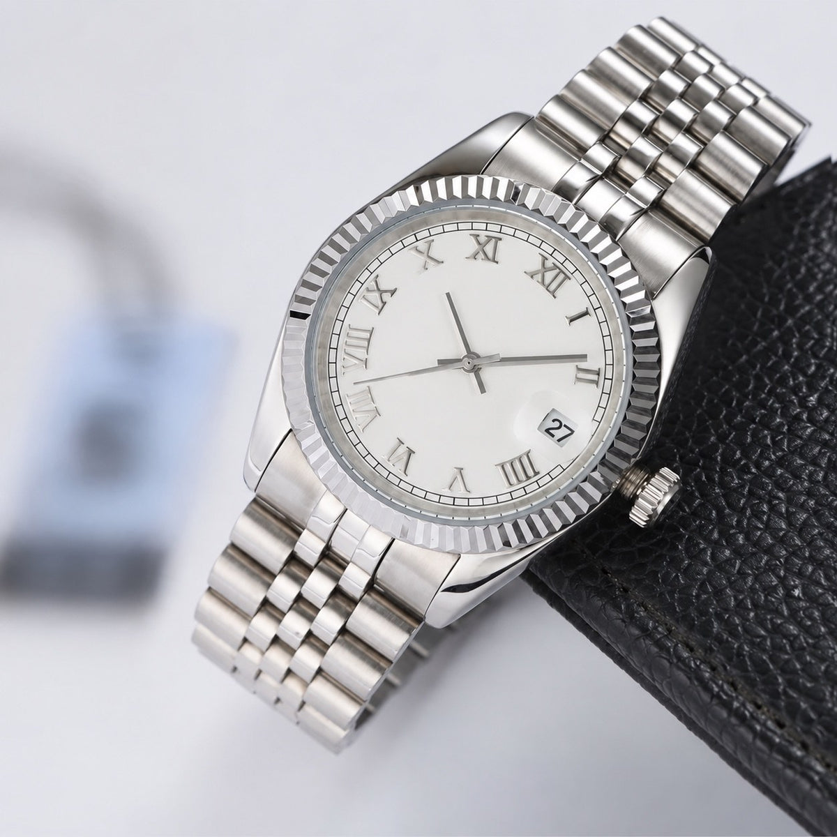 Rol3 DayJus silver-tone watch with white Roman numeral dial