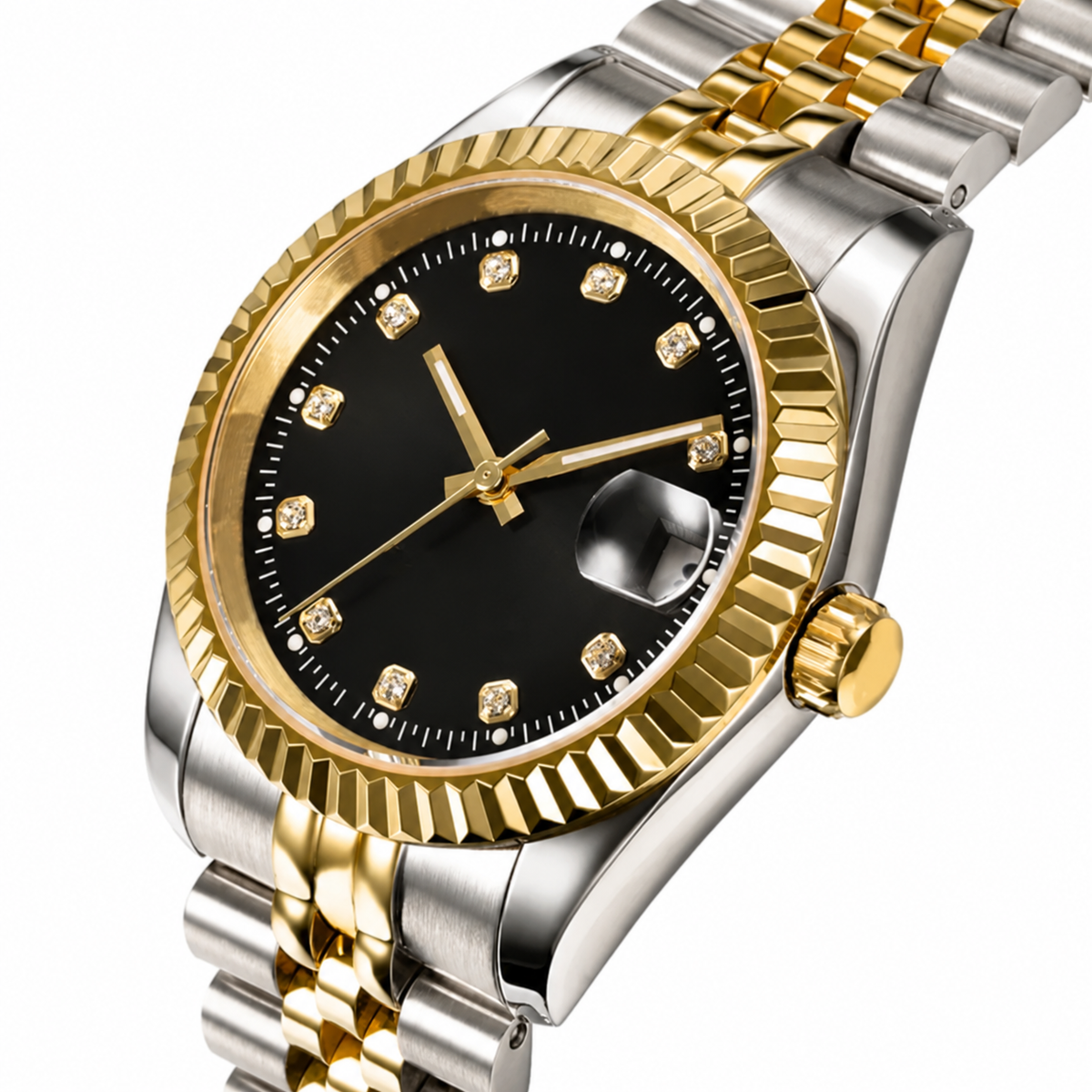 Rol3 DayJus two-tone black diamond-style dial watch