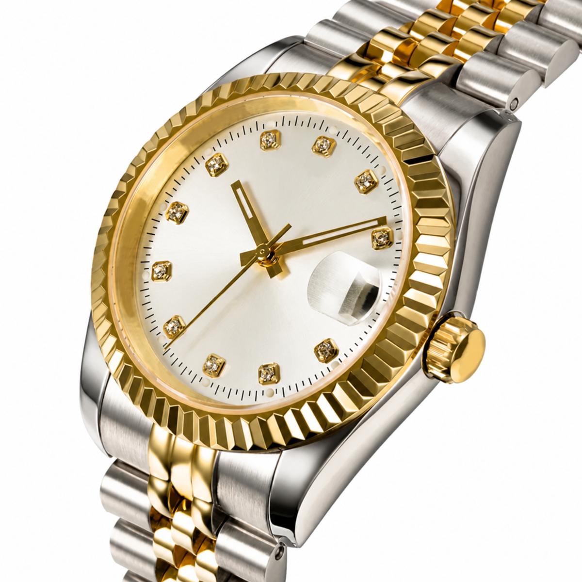 Rol3 DayJus two-tone white diamond-style dial watch
